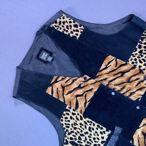 Jacque & KoKo Vest Womens 22/24 Black Leather Animal Print Patchwork Snap Lined